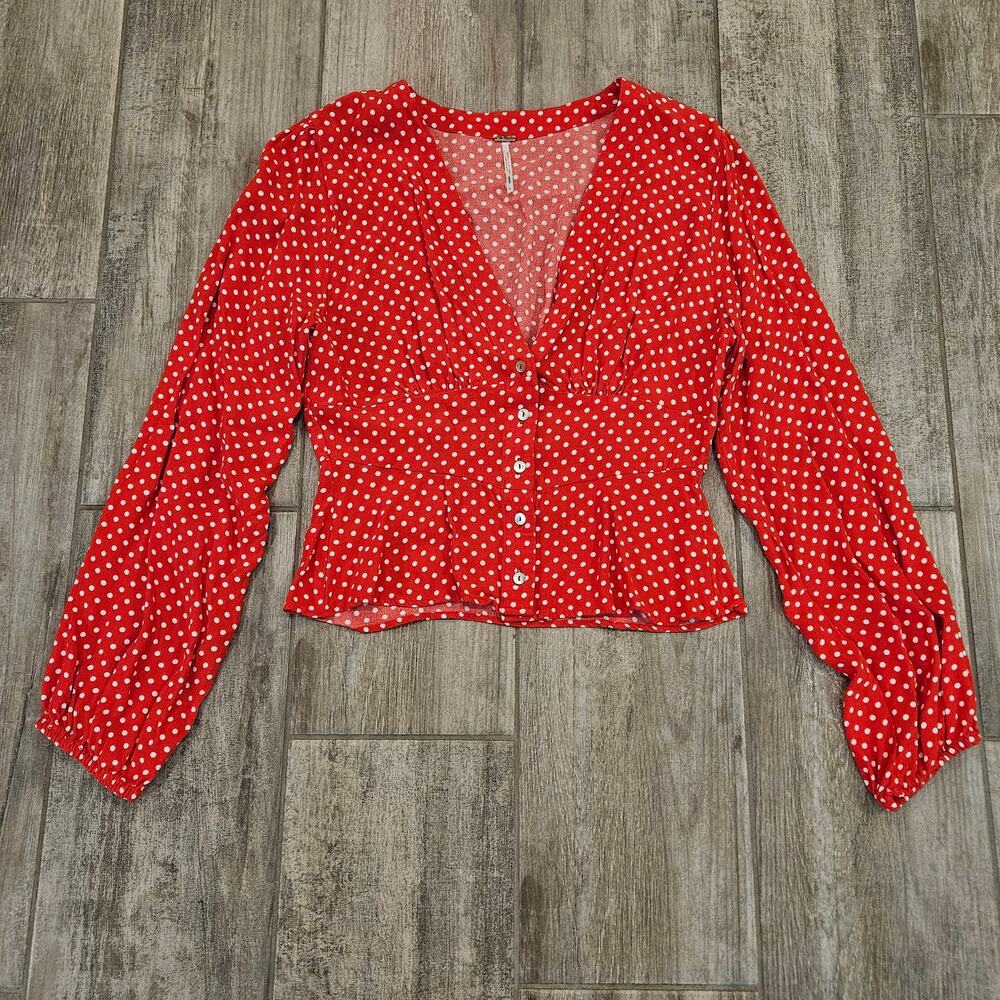 Free People Love Street Red‎ Polka Dot Top Women’s S Long Sleeve Blouse Romantic - Picture 4 of 12